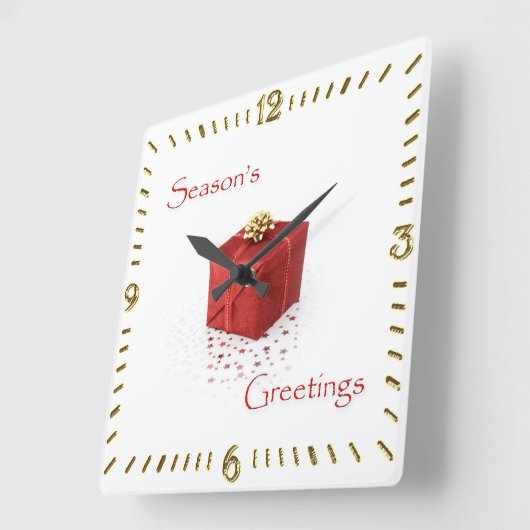 Red Gift Box Season's Greetings Clock Vierkante Klok (Hoek)