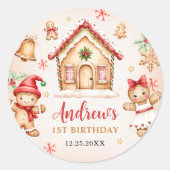 Red Gingerbread House 1st Birthday Party Ronde Sticker (Voorkant)