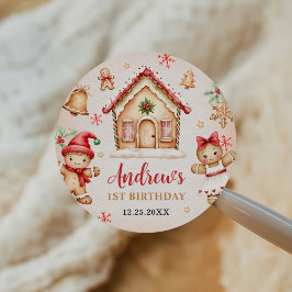 Red Gingerbread House 1st Birthday Party Ronde Sticker