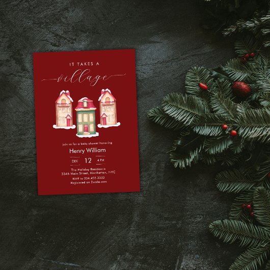 Red Gingerbread It Takes A Village Boy Baby Shower Kaart