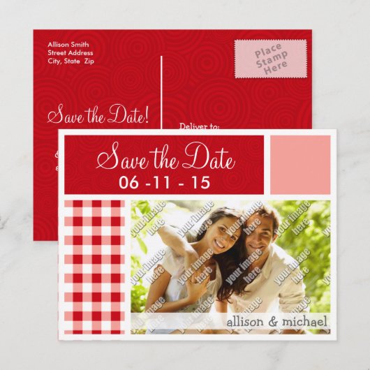 Red Gingham Aankondigingskaart (Voorkant / Achterkant)