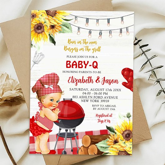 Red Gingham Achtertuin Baby-Q Meisje Baby shower Kaart