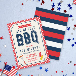 Red Gingham and Blue 4 juli BBQ Kaart