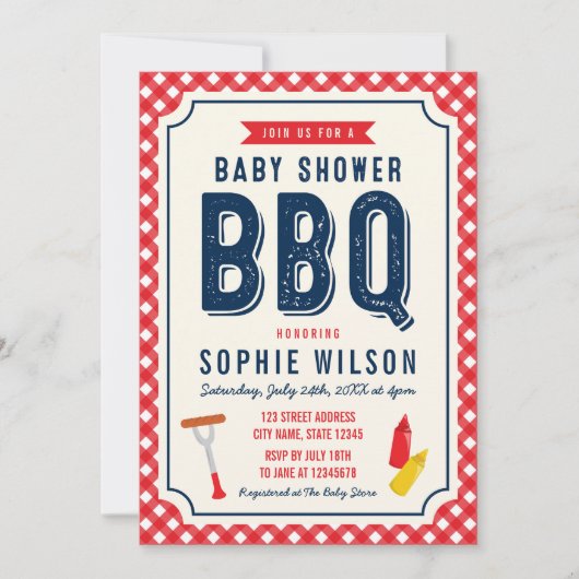 Red Gingham and Blue Baby shower BBQ Kaart (Voorkant)