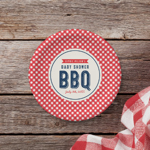 Red Gingham and Blue Baby shower BBQ Papieren Bordje