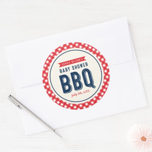 Red Gingham and Blue Baby shower BBQ Ronde Sticker (Envelop)