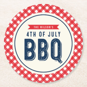 Red Gingham and Blue Fourth of Juli BBQ Ronde Kartonnen Onderzetter