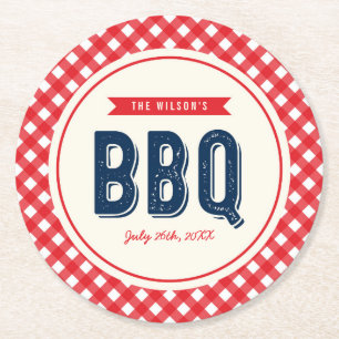 Red Gingham and Blue Summer BBQ Ronde Kartonnen Onderzetter