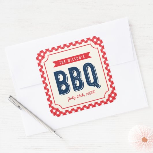 Red Gingham and Blue Summer BBQ Vierkante Sticker (Envelop)