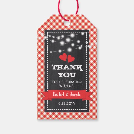 Red Gingham and Lights Chalkboard Engagement Party Cadeaulabel (Voorkant)
