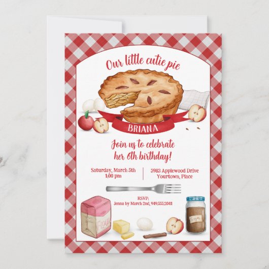 Red Gingham Apple Cutie Pie Birthday Party Kaart (Voorkant)
