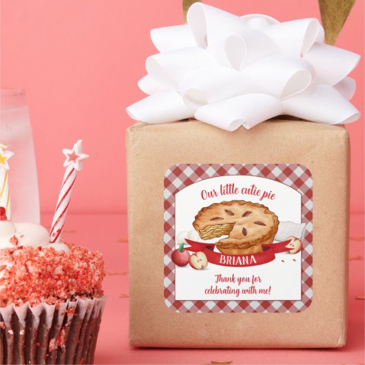 Red Gingham Apple Cutie Pie Birthday Party Vierkante Sticker (Feest)