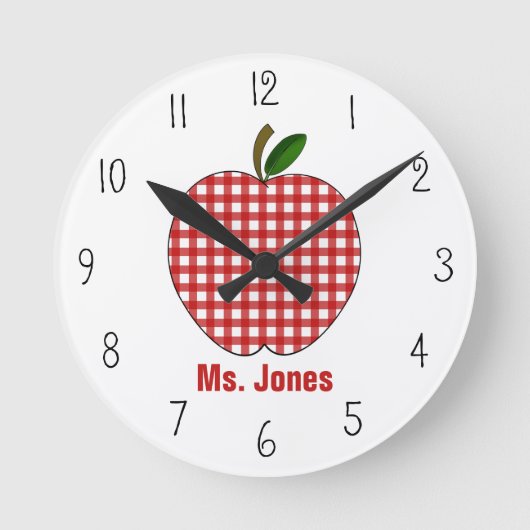 Red Gingham Apple Teacher Clock Ronde Klok (Voorkant)