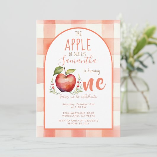 Red Gingham Apple Waterverf eerste verjaardag Kaart (Staand voorkant)