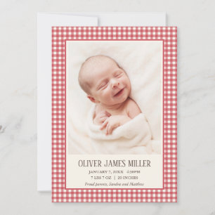 Red Gingham Baby Geboortekaart Fotokaart Aankondiging