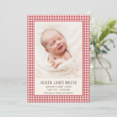 Red Gingham Baby Geboortekaart Fotokaart Aankondiging (Staand voorkant)