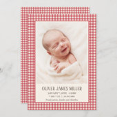 Red Gingham Baby Geboortekaart Fotokaart Aankondiging (Voorkant / Achterkant)