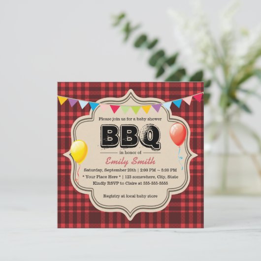 Red Gingham Baby shower BBQ Party-uitnodigingen Kaart (Staand voorkant)