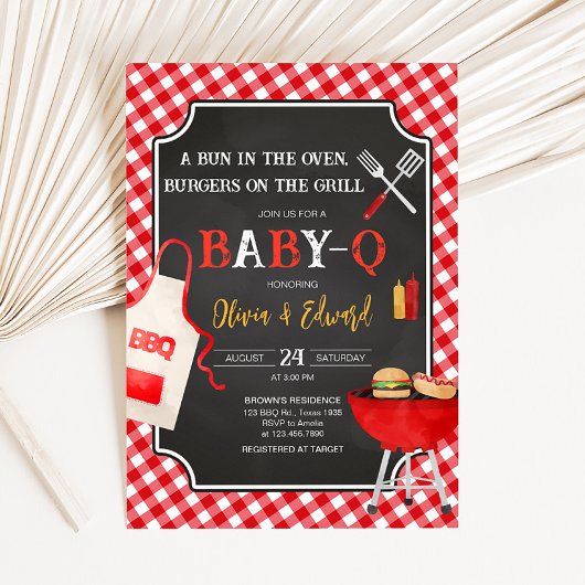 Red Gingham BBQ Baby shower Kaart