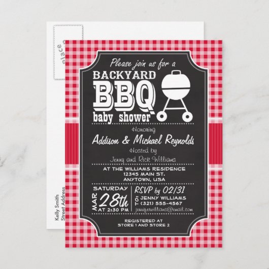 Red Gingham BBQ Baby shower uitnodiging (Voorkant / Achterkant)
