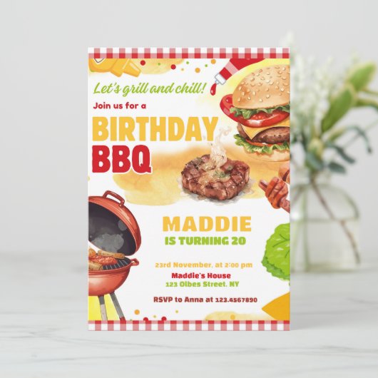 Red Gingham BBQ Barbecue Verjaardagsfeest Uitnodig Kaart (Staand voorkant)