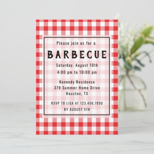 Red Gingham BBQ Party Kaart (Staand voorkant)