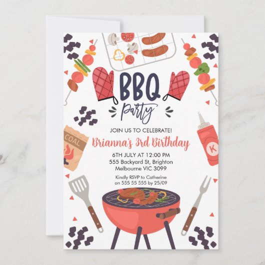 Red Gingham BBQ uitnodiging voor verjaardagsfeestj (Voorkant)