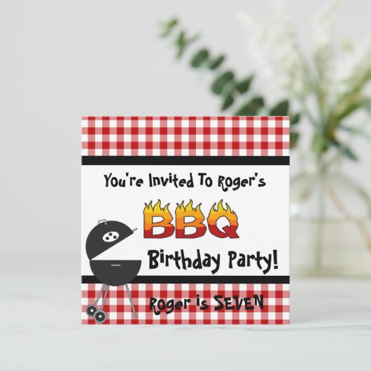Red Gingham BBQ verjaardagsfeestuitnodigingen Kaart (Staand voorkant)