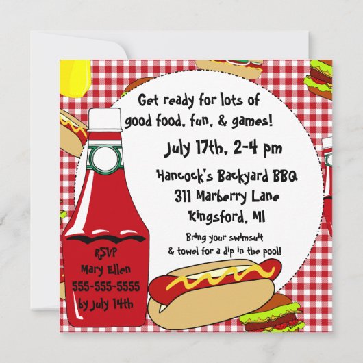 Red Gingham BBQ verjaardagsfeestuitnodigingen Kaart (Achterkant)
