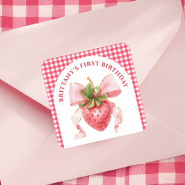Red Gingham Berry eerste verjaardag Vierkante Sticker