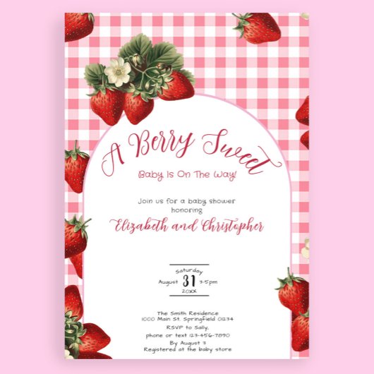 Red Gingham Berry Sweet Strawberry Baby shower Kaart