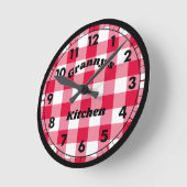 Red Gingham Black Retro Naam Ronde Klok (Hoek)