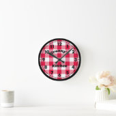 Red Gingham Black Retro Naam Ronde Klok (Huis)