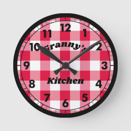 Red Gingham Black Retro Naam Ronde Klok