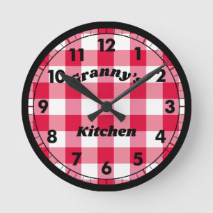 Red Gingham Black Retro Naam Ronde Klok