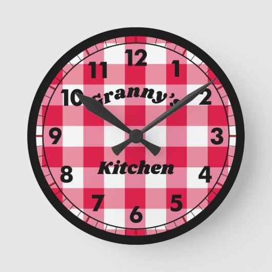 Red Gingham Black Retro Naam Ronde Klok (Voorkant)