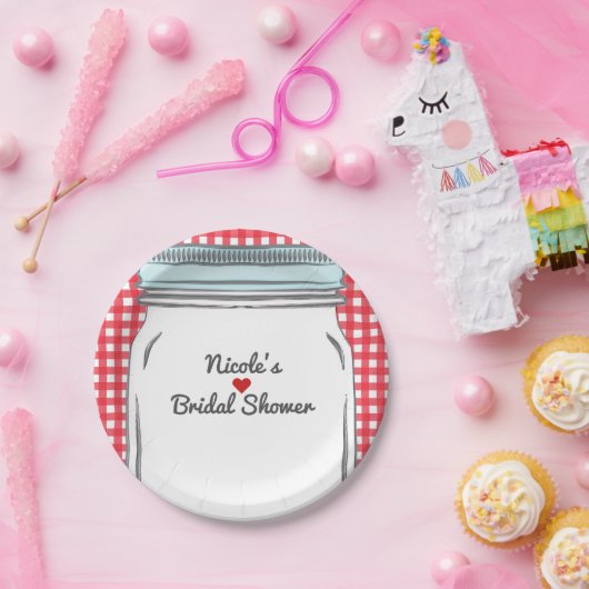 Red Gingham & Blue Mason Jar Rustiek Country Party Papieren Bordje (Feest)