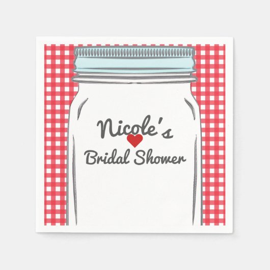 Red Gingham & Blue Mason Jar Rustiek Country Party Servet (Voorkant)