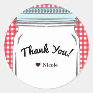 Red Gingham & Blue Mason Jar Rustieke Country Favo Ronde Sticker