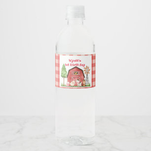 Red Gingham Boerderij First Birthday Drink Label Waterfles Etiket