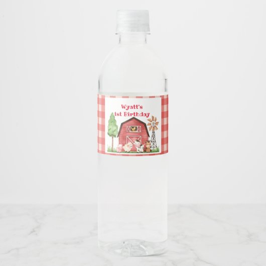 Red Gingham Boerderij First Birthday Drink Label Waterfles Etiket (Voorkant)