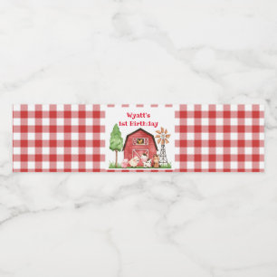 Red Gingham Boerderij First Birthday Drink Label Waterfles Etiket