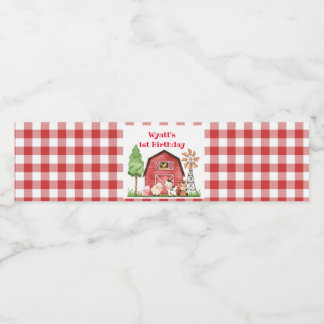 Red Gingham Boerderij First Birthday Drink Label Waterfles Etiket