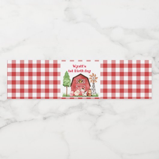 Red Gingham Boerderij First Birthday Drink Label Waterfles Etiket (Enkel label)