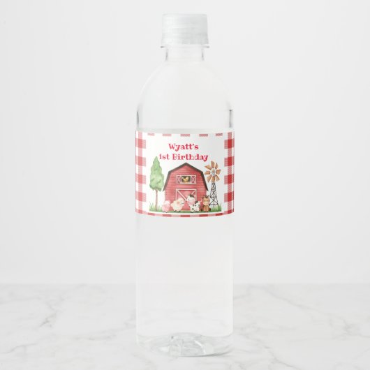 Red Gingham Boerderij First Birthday Drink Label Waterfles Etiket (Voorkant)