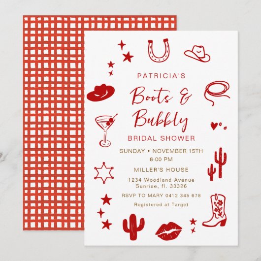 RED gingham Boots and Bubbly Cowgirl Bridal Shower Kaart (Voorkant / Achterkant)