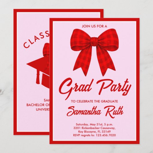 Red Gingham Bow Graduation Party Kaart (Voorkant / Achterkant)