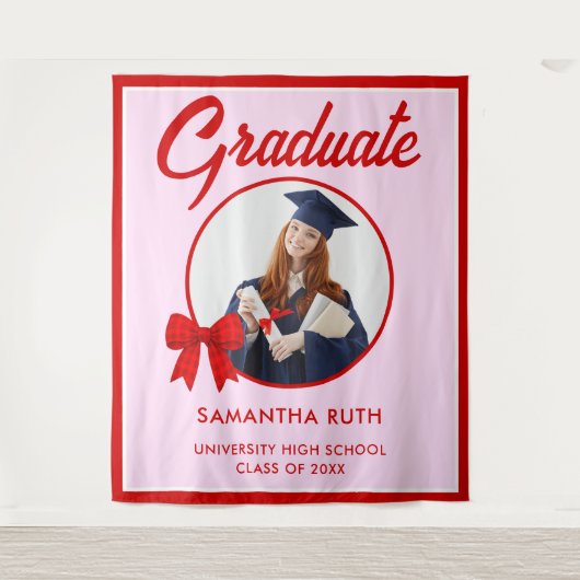 Red Gingham Bow Photo Graduation Backdrop Wandkleed (Voorkant)