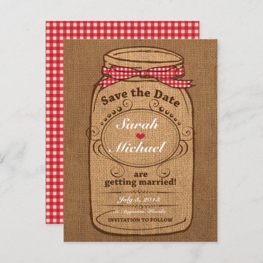 Red Gingham & Burlap Mason Jar Bewaar de datum Aankondigingskaart (Voorkant / Achterkant)