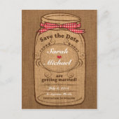 Red Gingham & Burlap Mason Jar Bewaar de datum Aankondigingskaart (Voorkant)